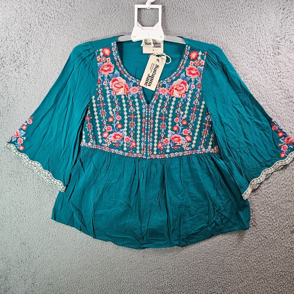 NEW Savanna Jane Top Blouse Women Small Floral Embroidered Green Boho‎